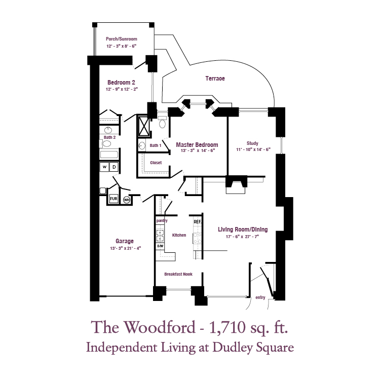 Independent senior living foor plan, the Woodford, 2 bedroom senior housing
